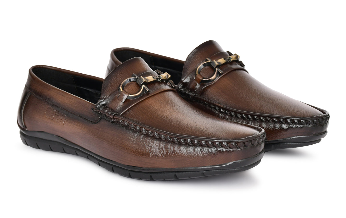 Neat Look Loafers for Men with Double Stitch & Metallic Buckle | Coffee