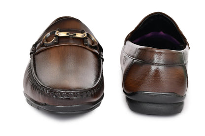 Neat Look Loafers for Men with Double Stitch & Metallic Buckle | Coffee