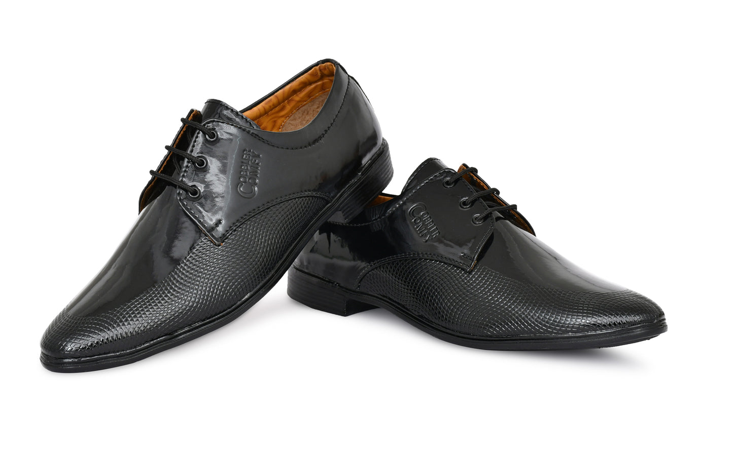 Pointed-toe Shiny Lace-up Shoes for Men with Check Imprints | Black