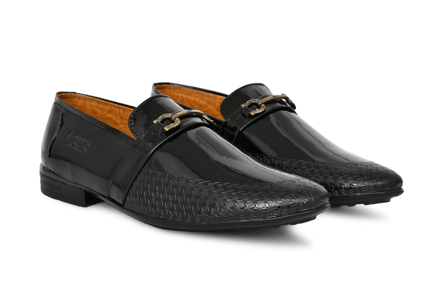 Pointed-toe Shiny Slip-ons for Men with Embossed Pattern | Black