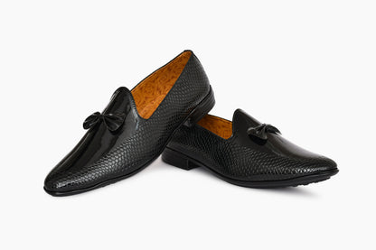 Partywear Shiny Slip-ons for Men with Bow & Embossed Pattern | Black