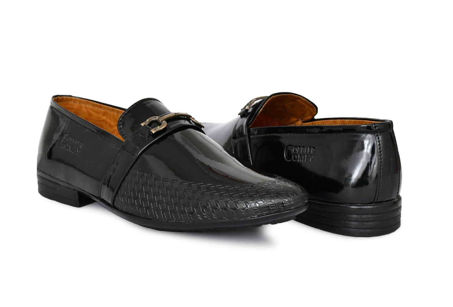 Pointed-toe Shiny Slip-ons for Men with Embossed Pattern | Black