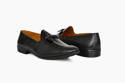 Partywear Shiny Slip-ons for Men with Bow & Embossed Pattern | Black