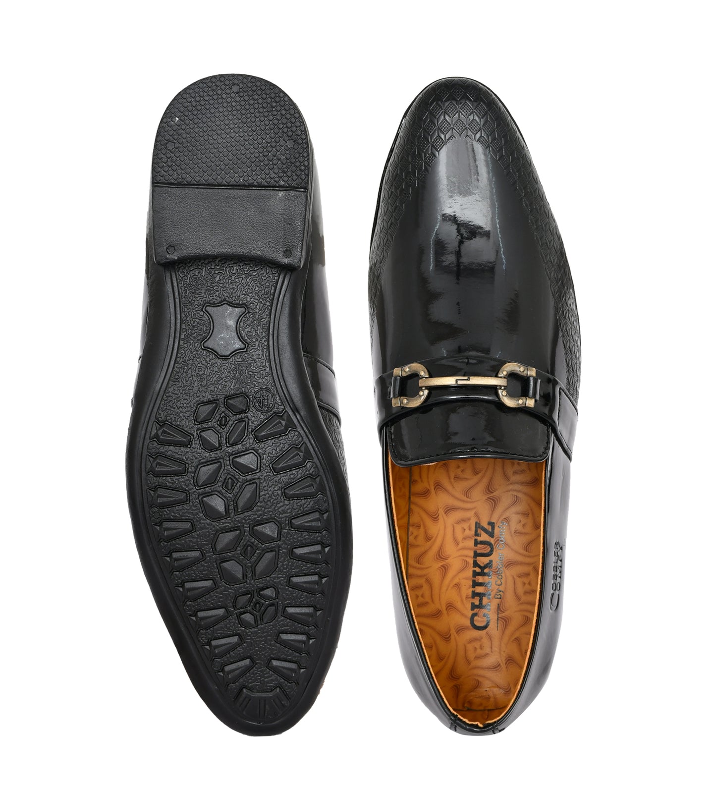 Pointed-toe Shiny Slip-ons for Men with Embossed Pattern | Black