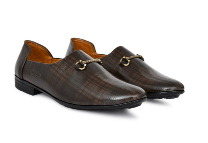 Ankle cut Loafer for Men with Check Pattern & Metallic Buckle | Brown