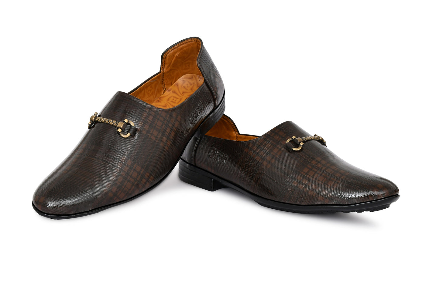 Ankle cut Loafer for Men with Check Pattern & Metallic Buckle | Brown