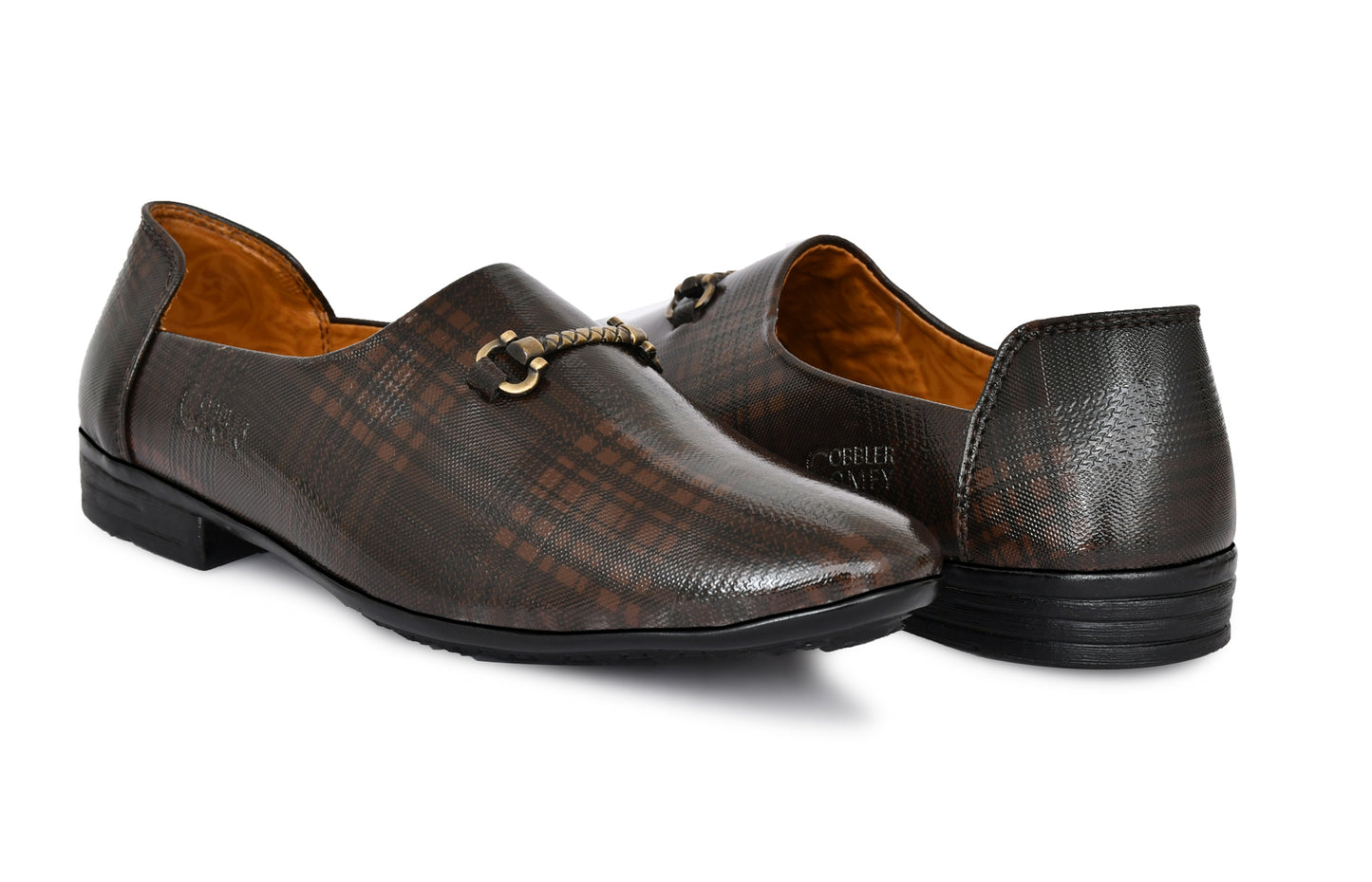 Ankle cut Loafer for Men with Check Pattern & Metallic Buckle | Brown