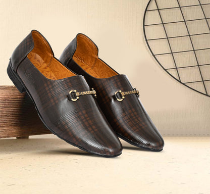 Ankle cut Loafer for Men with Check Pattern & Metallic Buckle | Brown