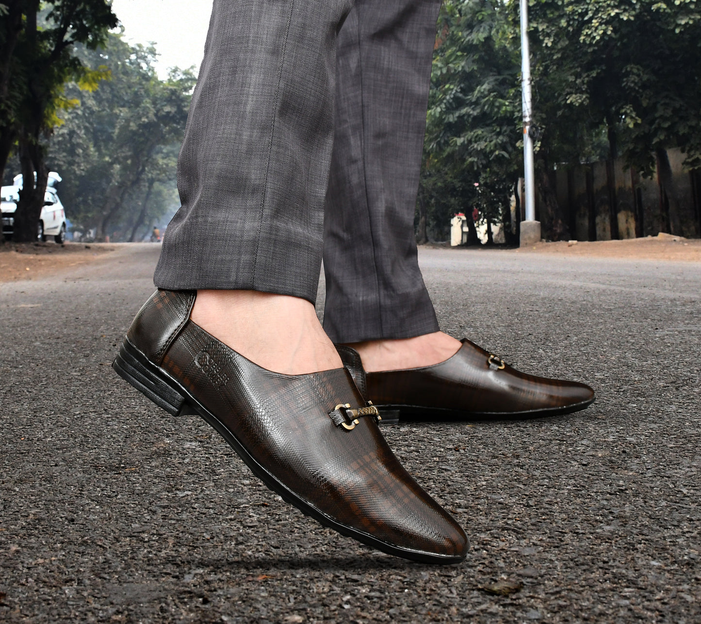 Ankle cut Loafer for Men with Check Pattern & Metallic Buckle | Brown