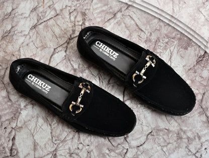 Velvet Pull-on Loafer for Men with Golden Buckle | Black