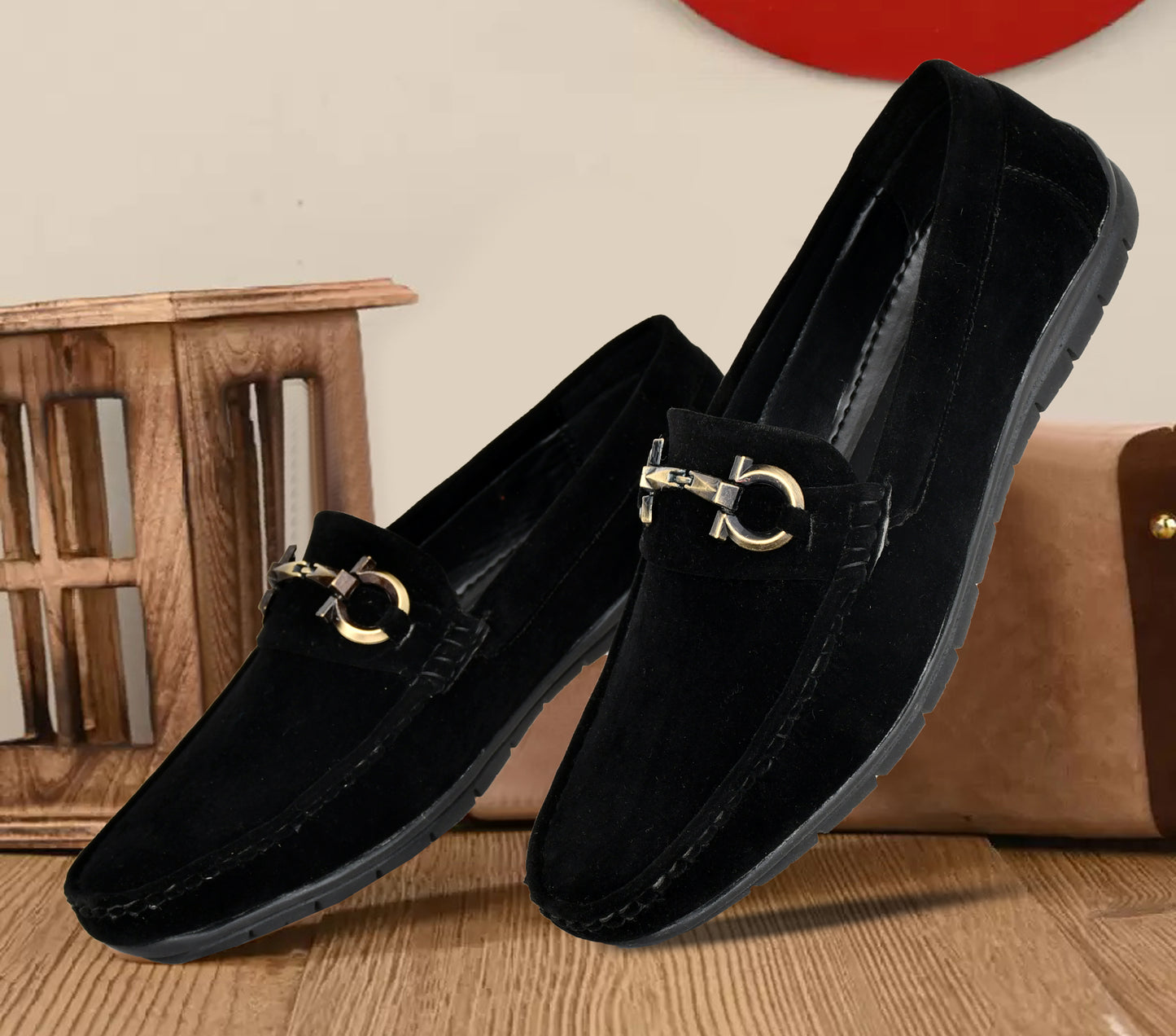 Velvet Pull-on Loafer for Men with Golden Buckle | Black