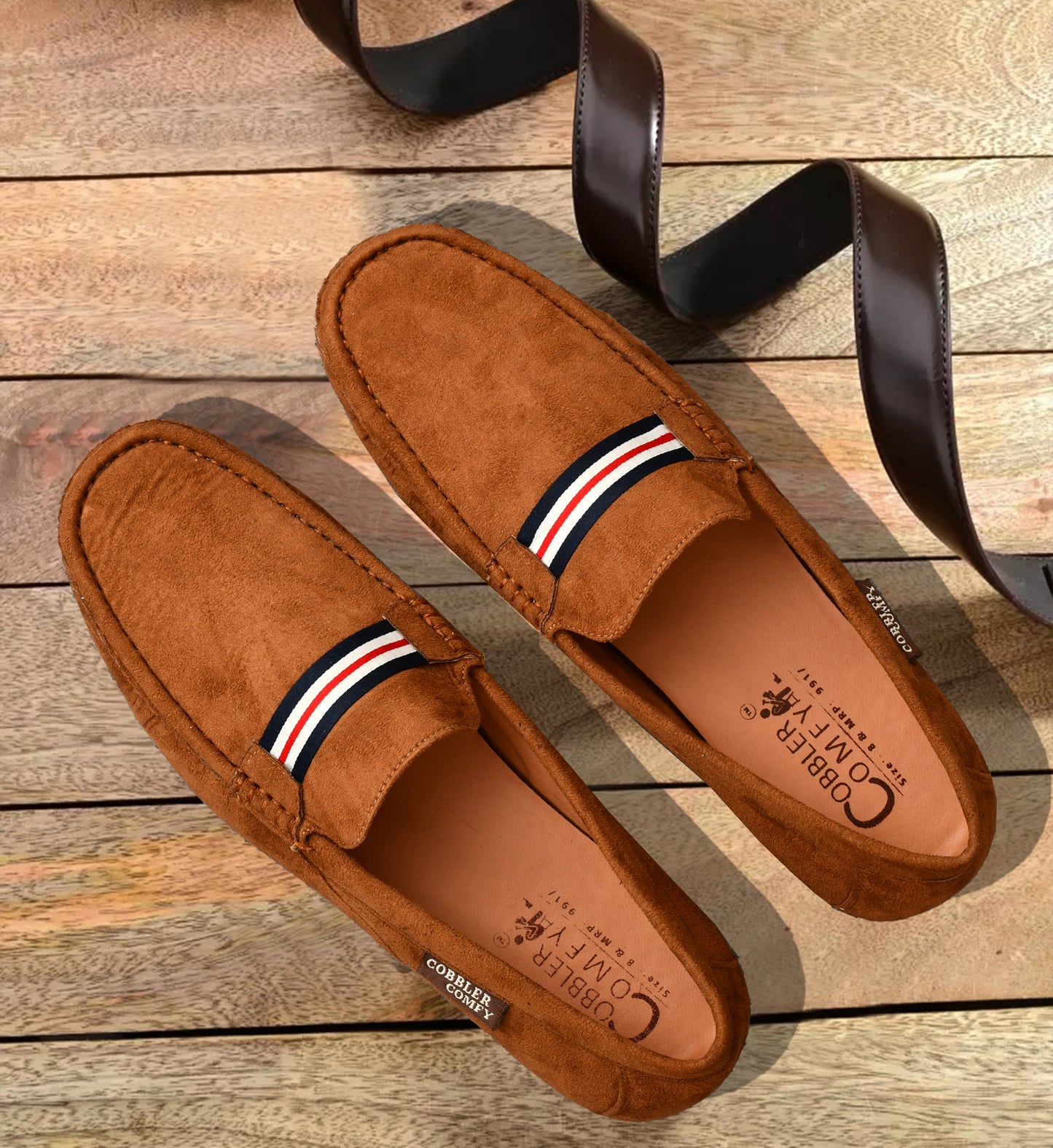 Suede Loafers for Men with Stripe | Tan