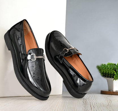 Croco Pattern Slip-on for Men with Metallic Buckle | Black