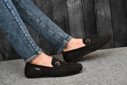 Suede Moccasins with Metallic Buckle | Black