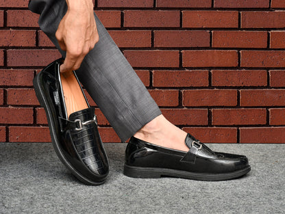 Croco Pattern Slip-on for Men with Metallic Buckle | Black