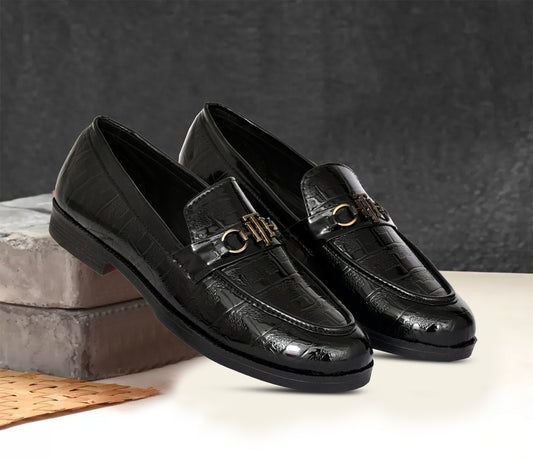 Partywear Shiny Slip-ons for Men with Woven Block Pattern | Black