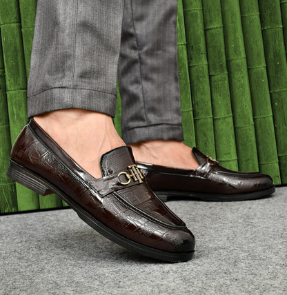 Partywear Shiny Slip-ons for Men with Woven Block Patter | Brown