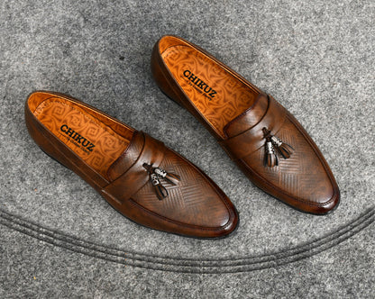 Tussled Loafers for Men with Perforated Pattern | Brown