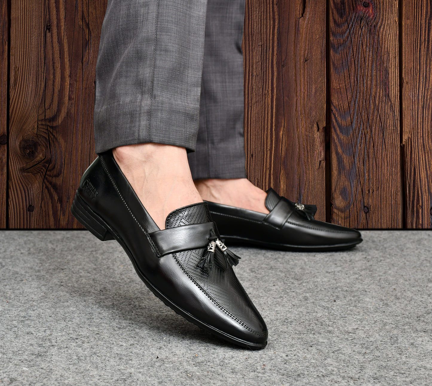 Tussled Loafers for Men with Perforated Pattern | Black