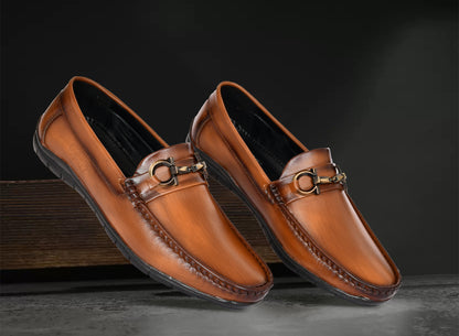 Neat Look Loafers for Men with Double Stitch & Metallic Buckle | Tan