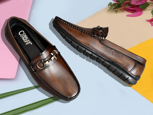 Neat Look Loafers for Men with Double Stitch & Metallic Buckle | Coffee