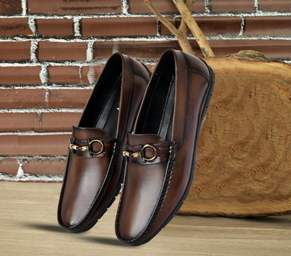 Neat Look Loafers for Men with Double Stitch & Metallic Buckle | Coffee