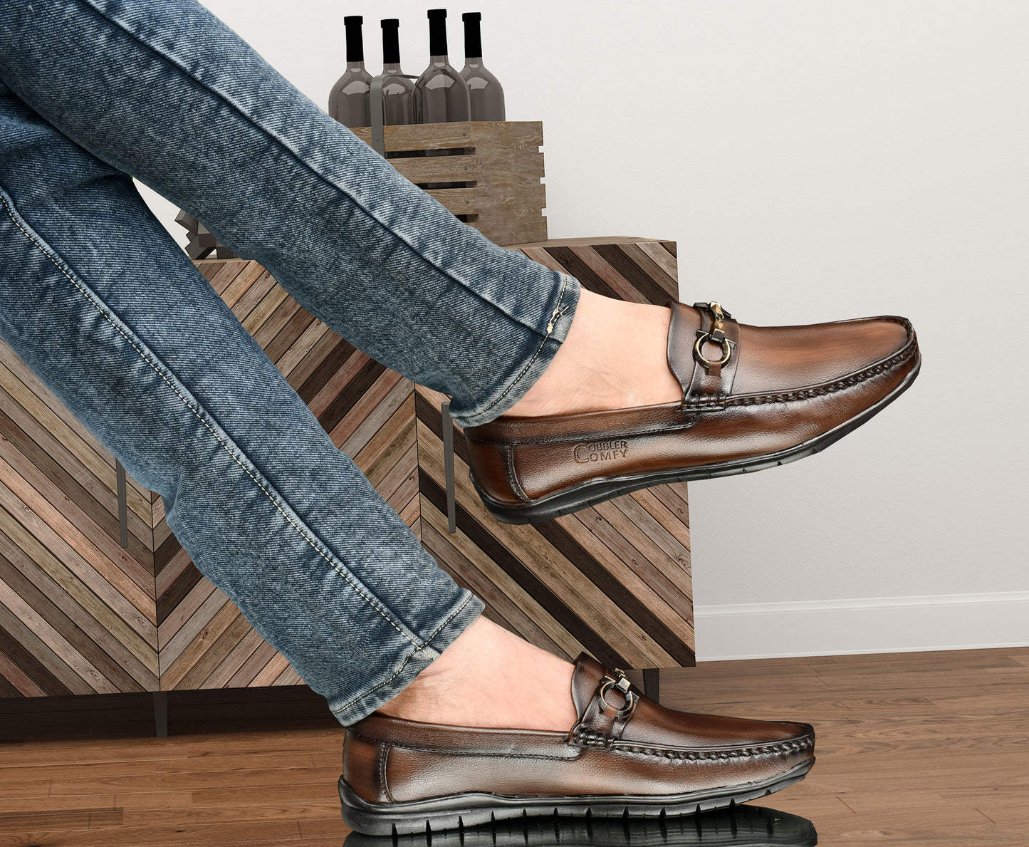 Neat Look Loafers for Men with Double Stitch & Metallic Buckle | Coffee