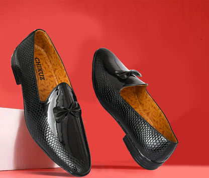 Partywear Shiny Slip-ons for Men with Bow & Embossed Pattern | Black