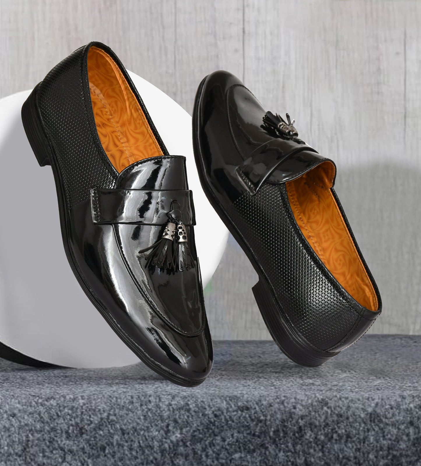 Tussled Shiny Loafers for Men | Black