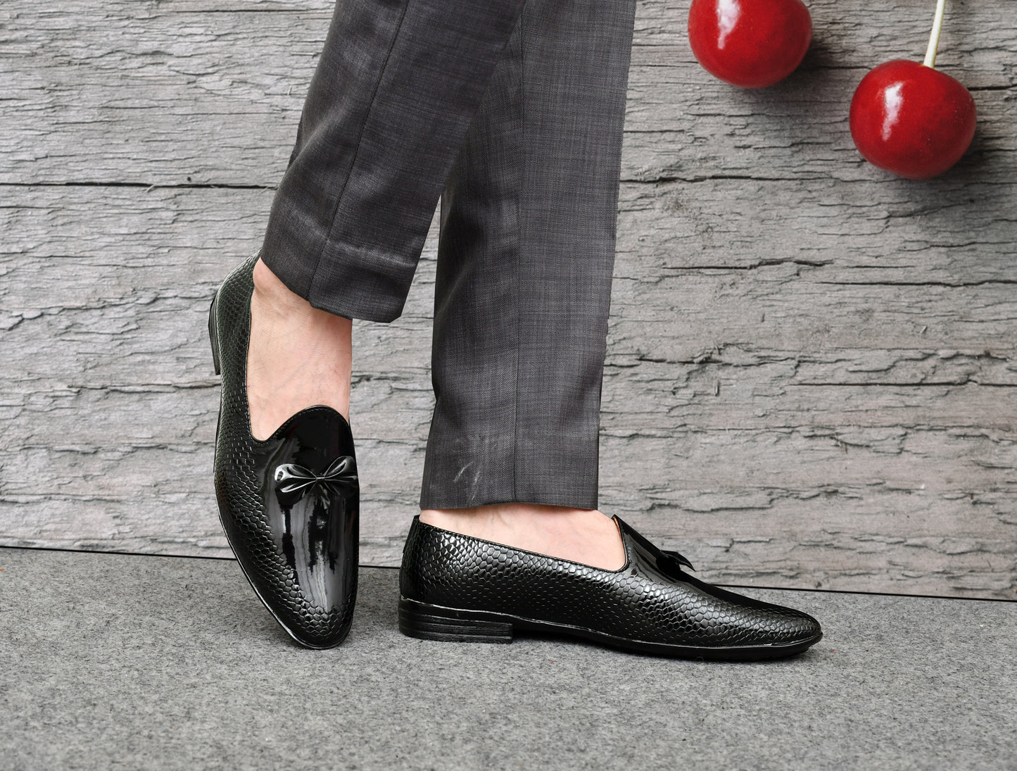 Partywear Shiny Slip-ons for Men with Bow & Embossed Pattern | Black