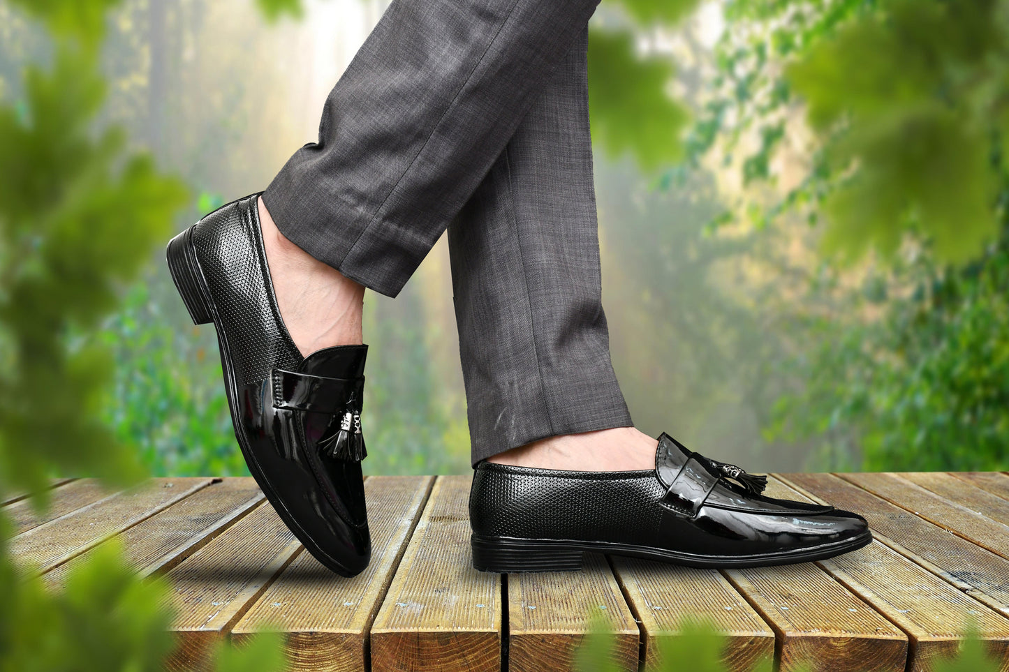 Tussled Shiny Loafers for Men | Black