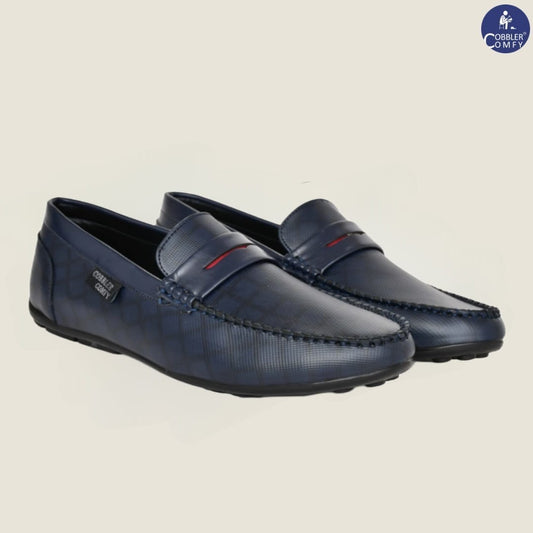 Classic Moccasins with Stylish Check Pattern | Navy Blue