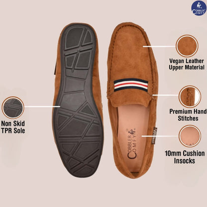 Suede Loafers for Men with Stripe | Tan