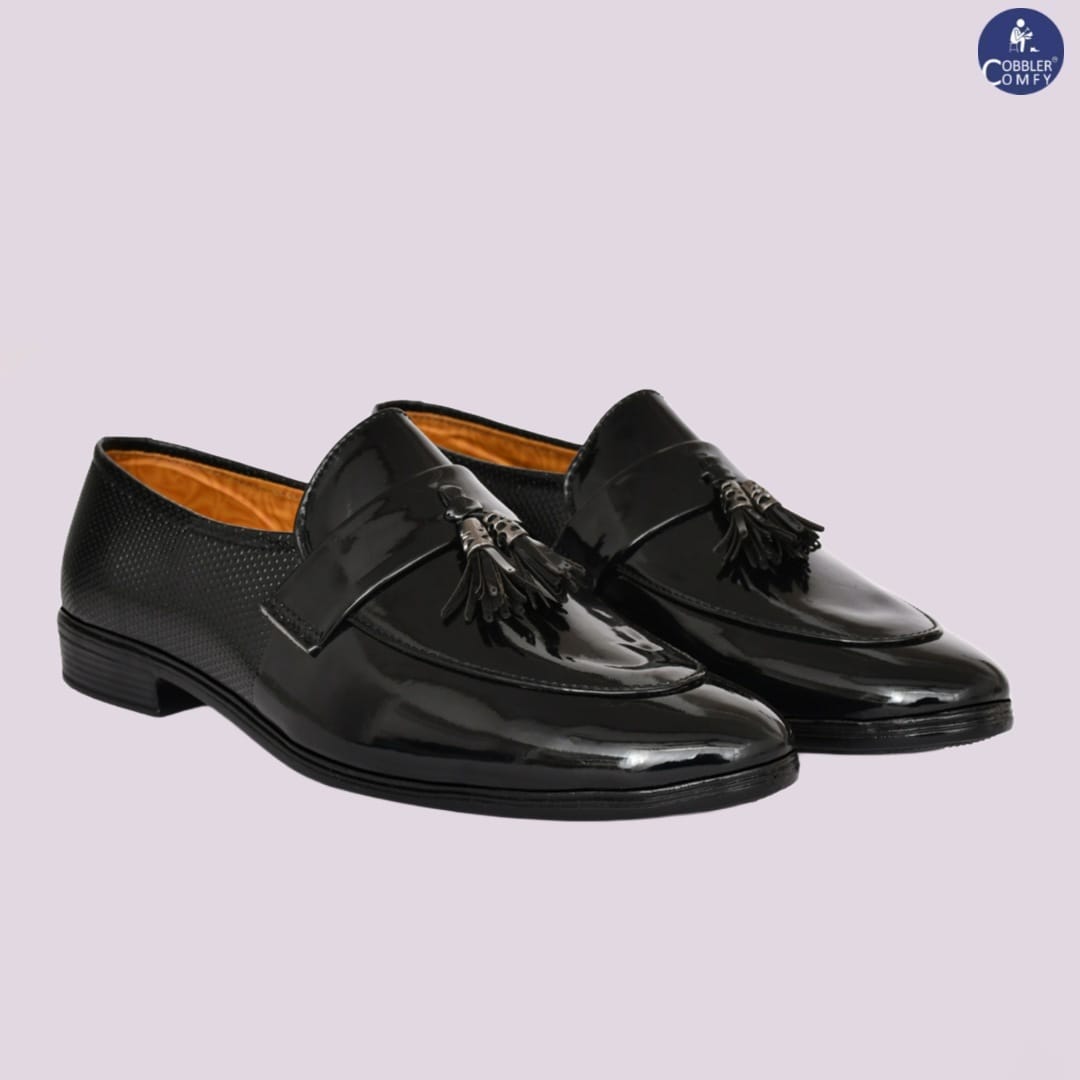 Tussled Shiny Loafers for Men | Black