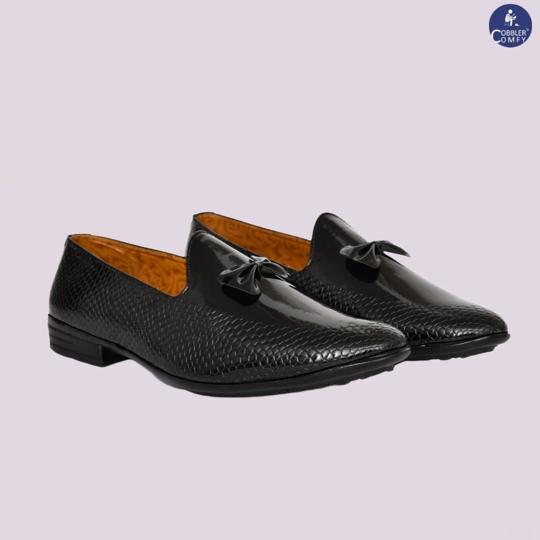 Partywear Shiny Slip-ons for Men with Bow & Embossed Pattern | Black