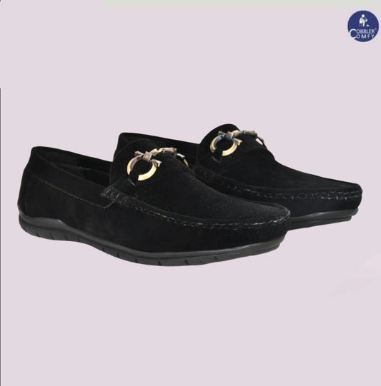 Velvet Pull-on Loafer for Men with Golden Buckle | Black