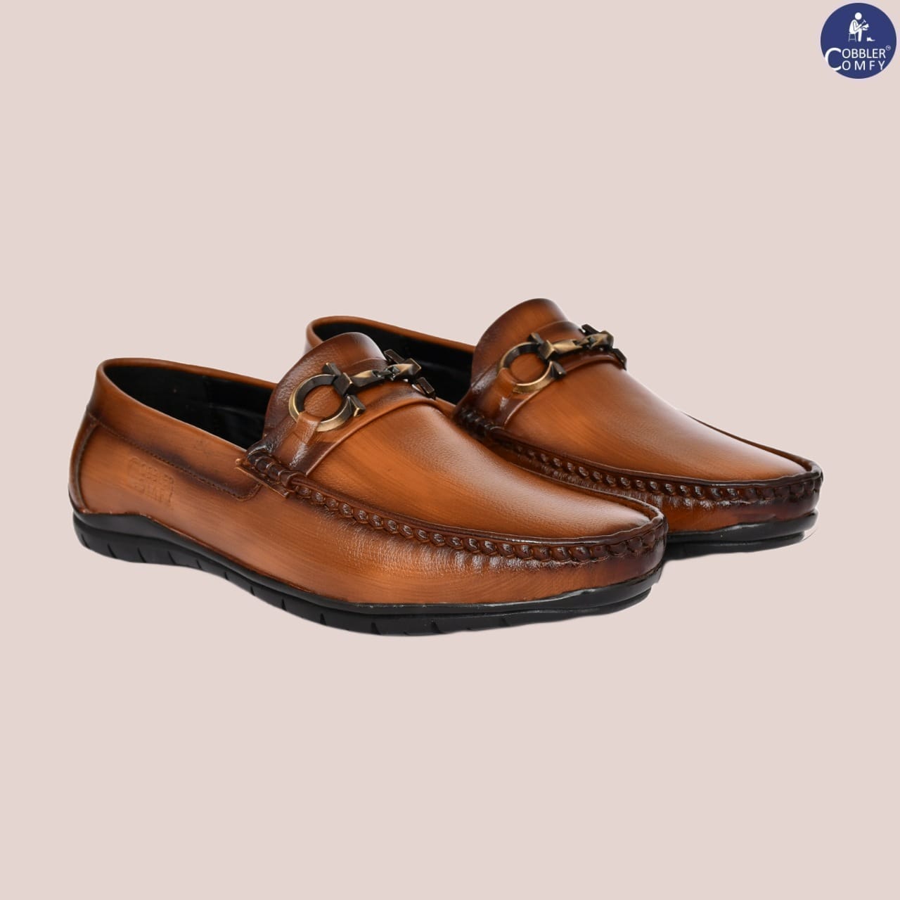 Neat Look Loafers for Men with Double Stitch & Metallic Buckle | Tan